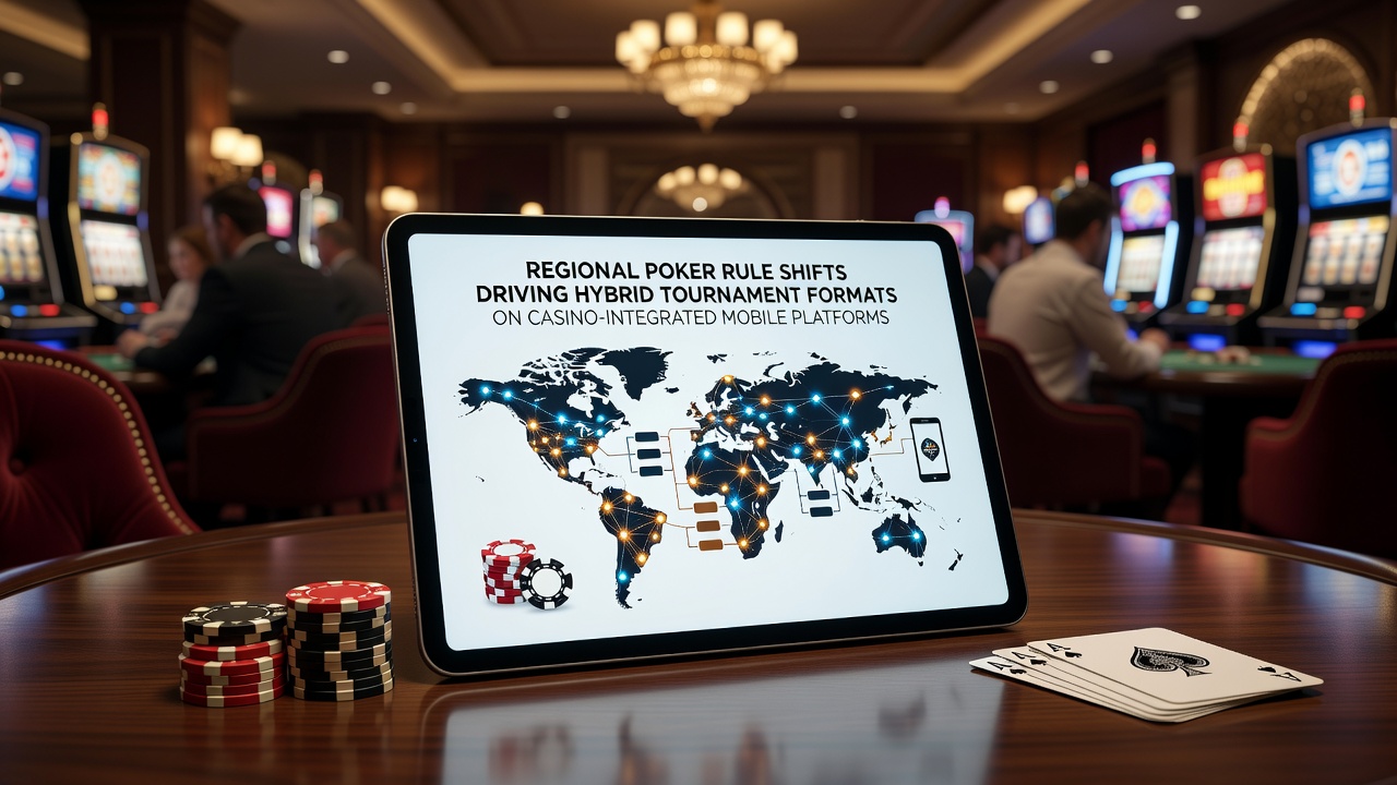 Hybrid poker tournament setup with players on mobile devices connected to casino floor event