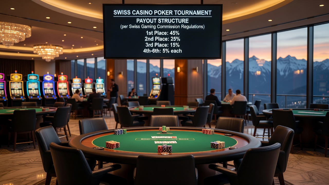 Close-up view of a regulated Swiss poker tournament payout board displaying prize tiers and player rankings